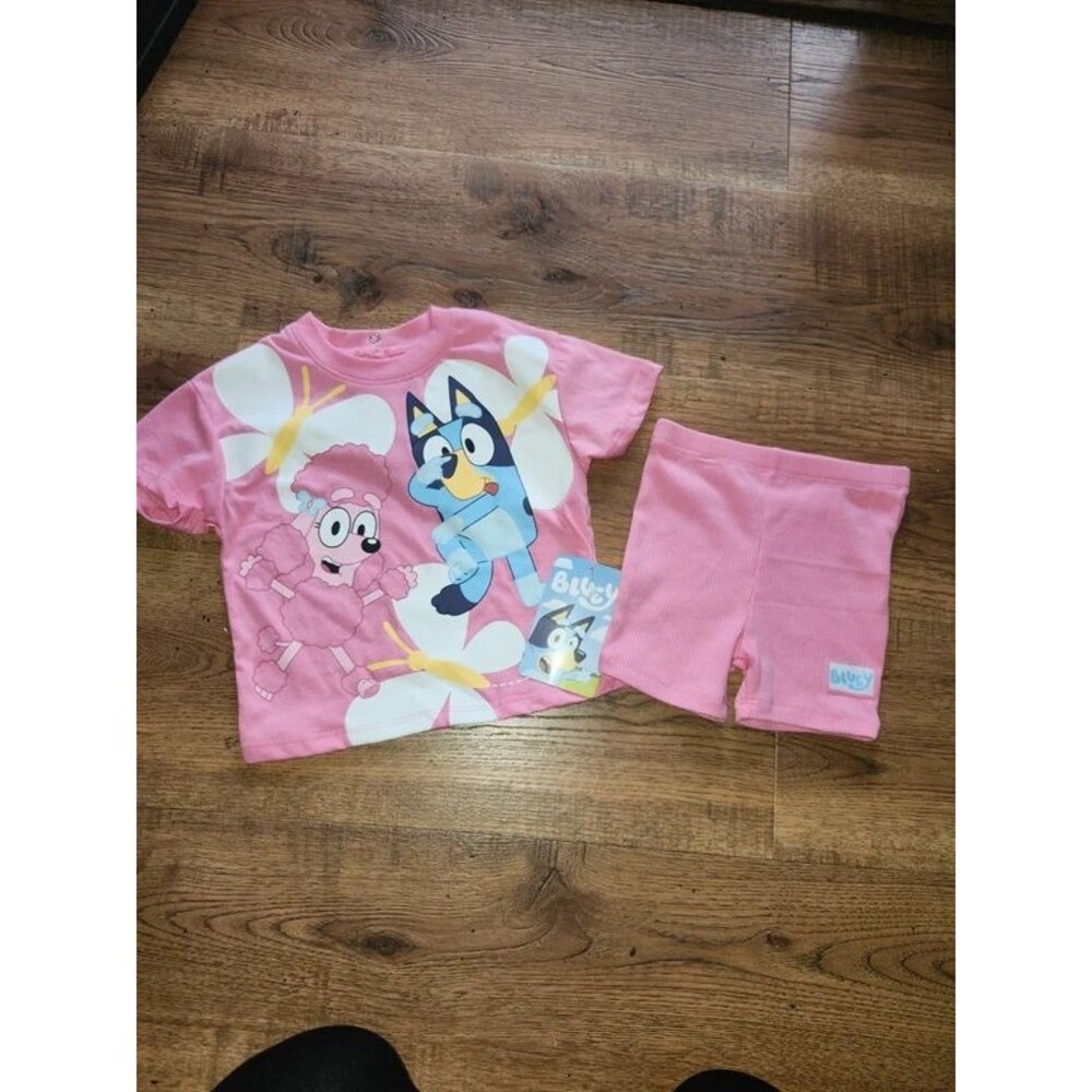 NWT Bluey & Coco Baby Girls Pink Graphic Tee & Ribbed Shorts Set 18m